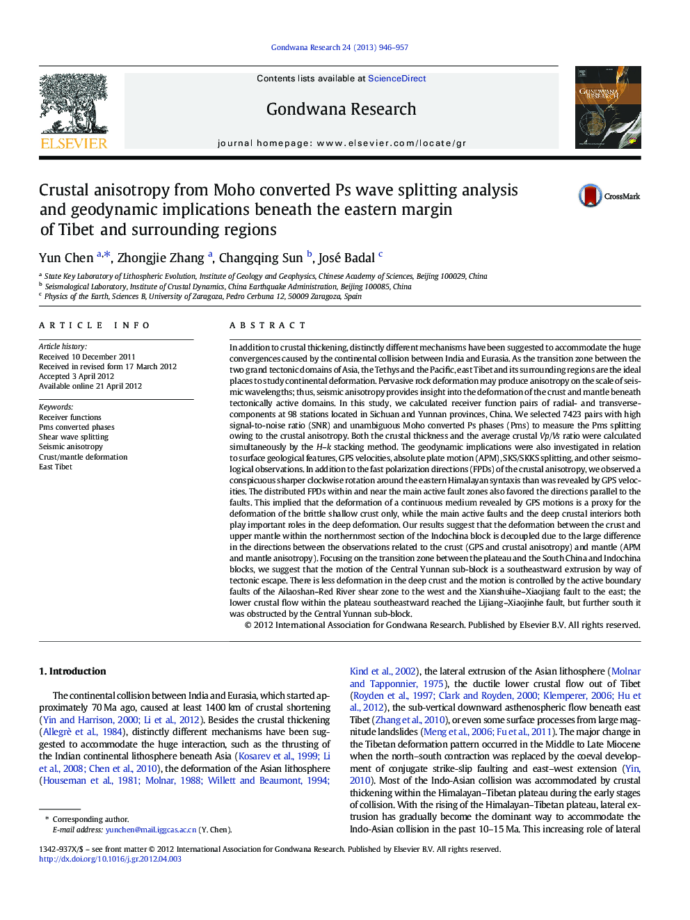 Crustal anisotropy from Moho converted Ps wave splitting analysis and geodynamic implications beneath the eastern margin of Tibet and surrounding regions