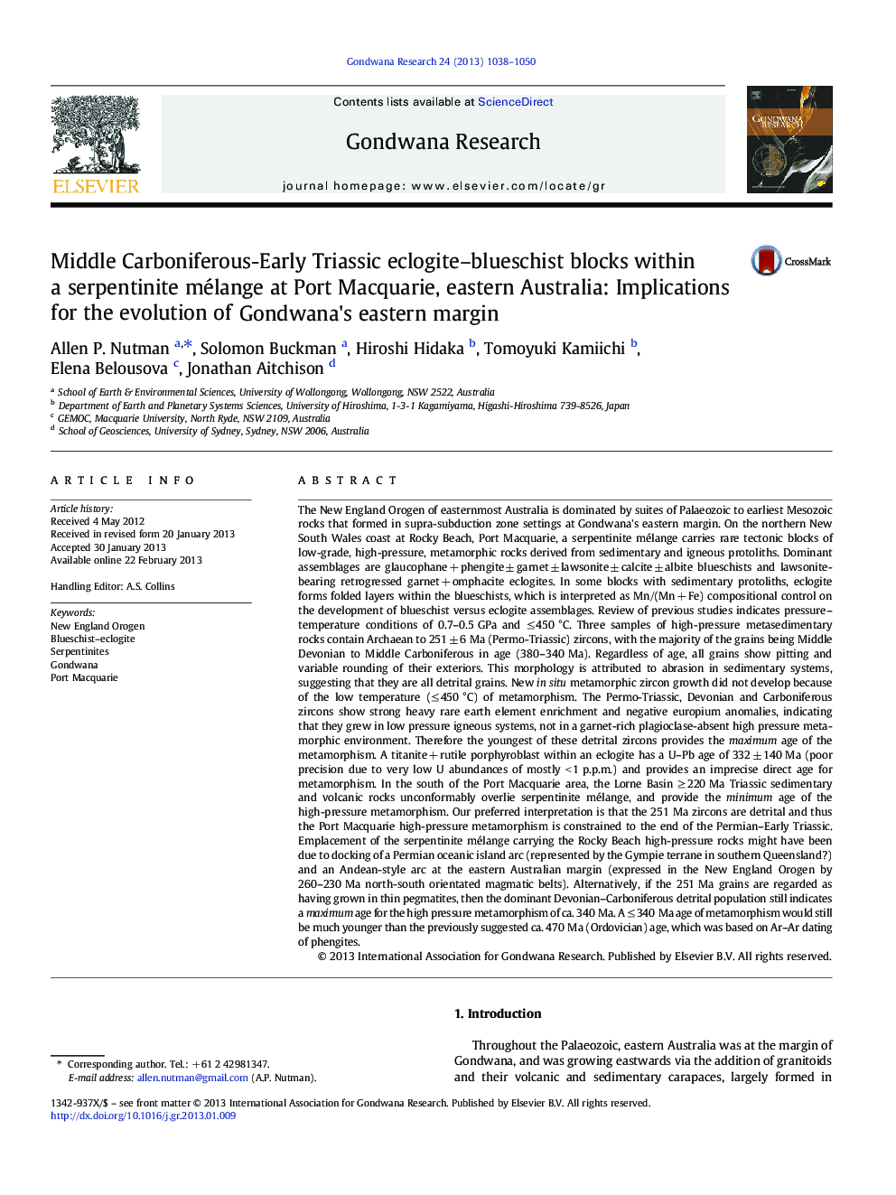 Middle Carboniferous-Early Triassic eclogite–blueschist blocks within a serpentinite mélange at Port Macquarie, eastern Australia: Implications for the evolution of Gondwana's eastern margin