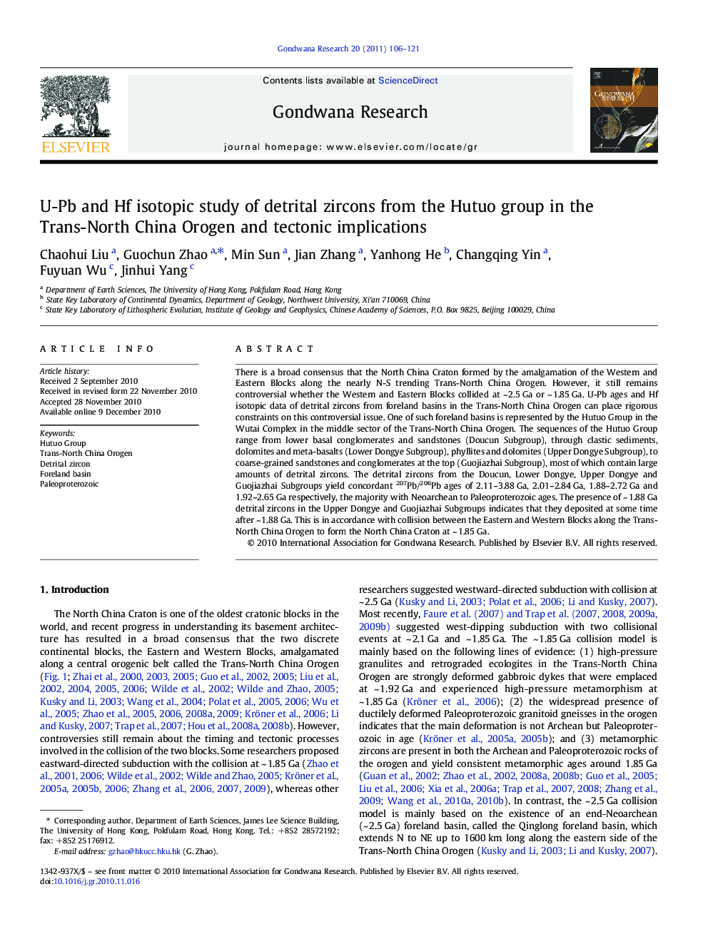 U-Pb and Hf isotopic study of detrital zircons from the Hutuo group in the Trans-North China Orogen and tectonic implications