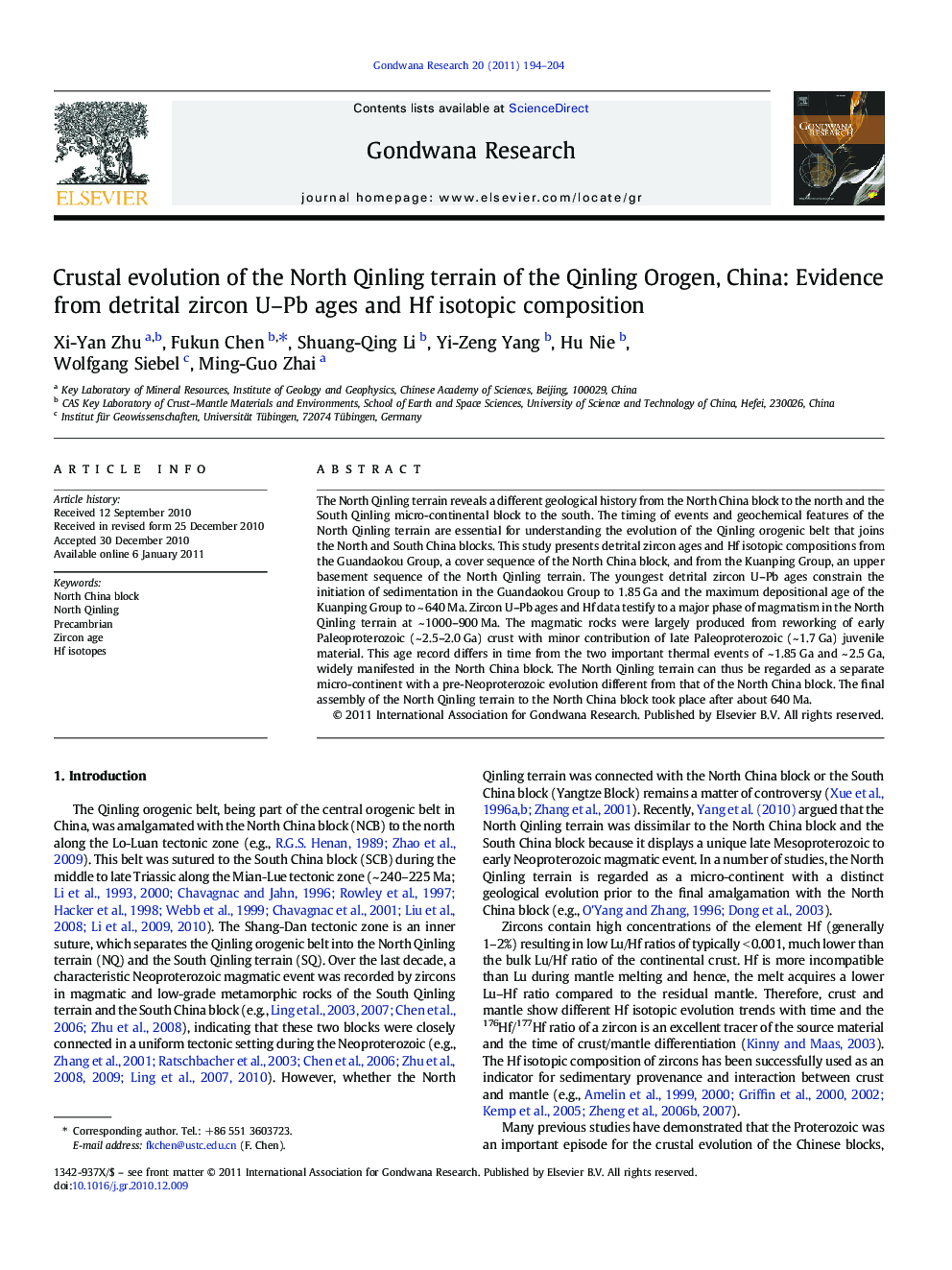 Crustal evolution of the North Qinling terrain of the Qinling Orogen, China: Evidence from detrital zircon U–Pb ages and Hf isotopic composition