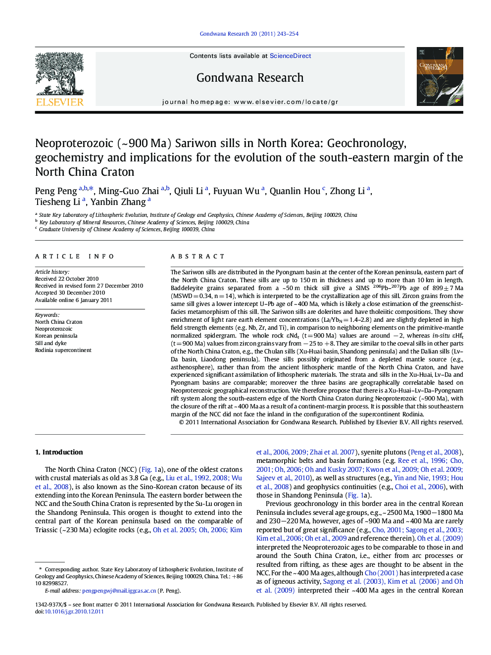 Neoproterozoic (~ 900 Ma) Sariwon sills in North Korea: Geochronology, geochemistry and implications for the evolution of the south-eastern margin of the North China Craton