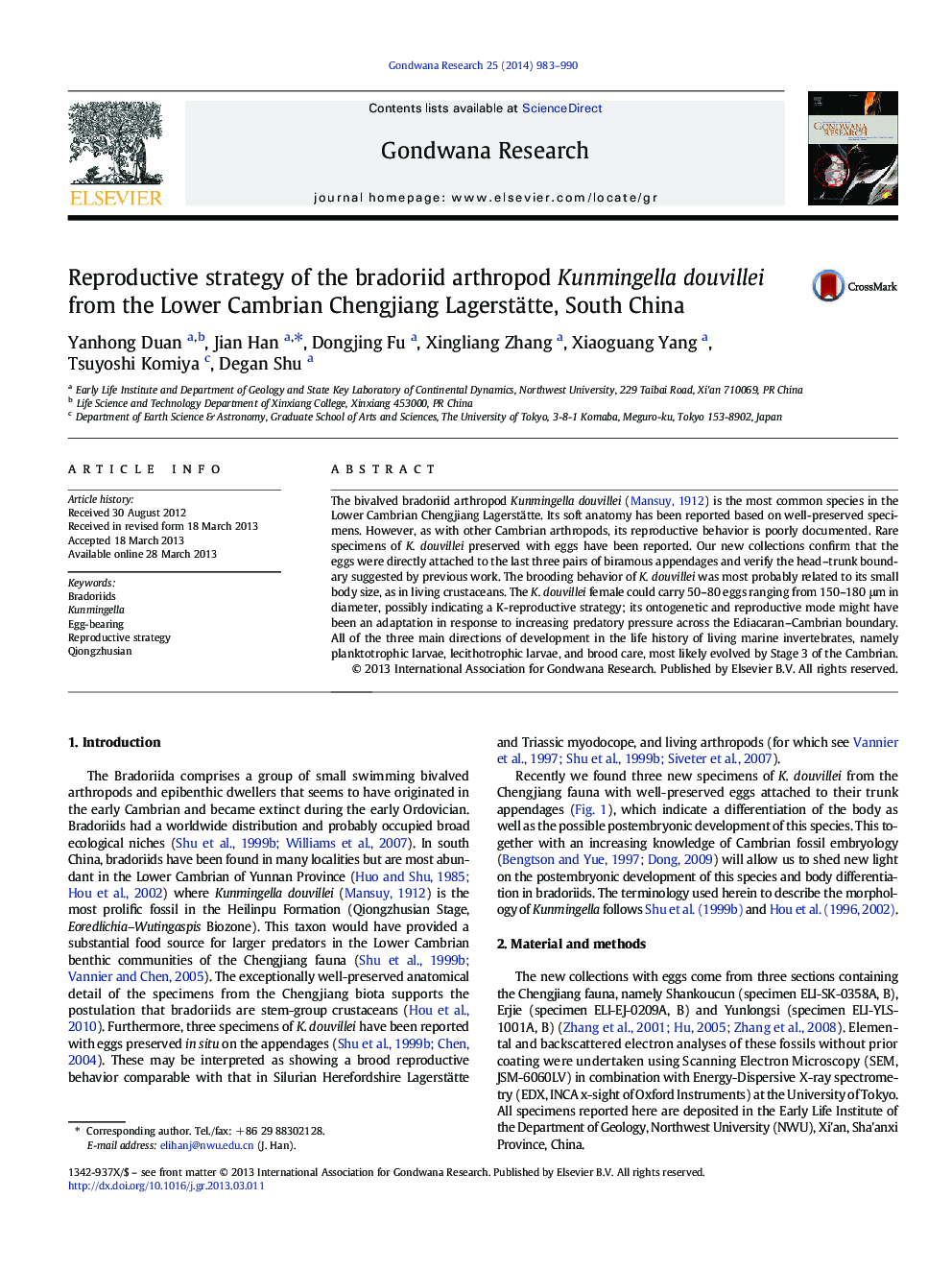 Reproductive strategy of the bradoriid arthropod Kunmingella douvillei from the Lower Cambrian Chengjiang Lagerstätte, South China