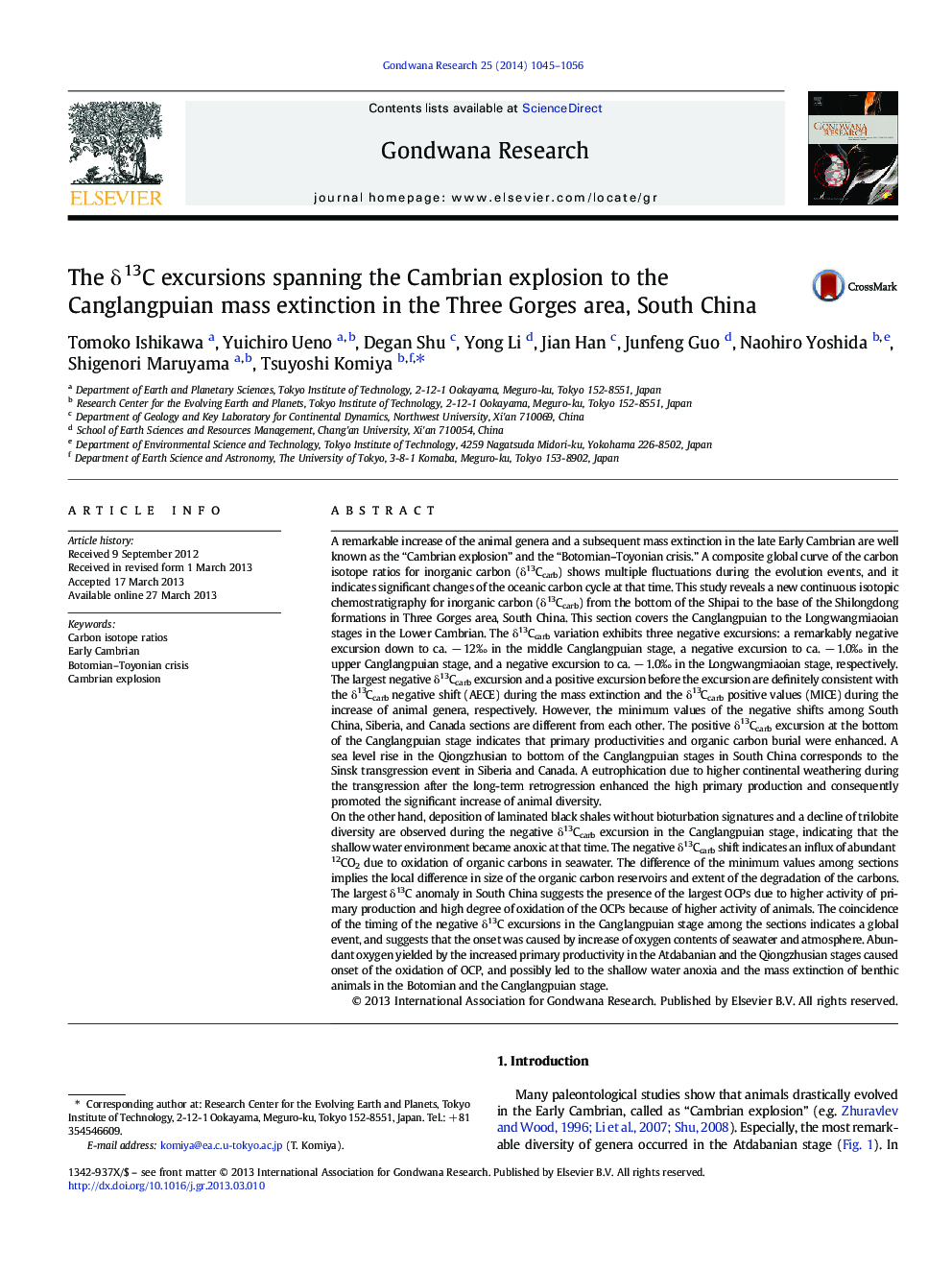 The δ13C excursions spanning the Cambrian explosion to the Canglangpuian mass extinction in the Three Gorges area, South China