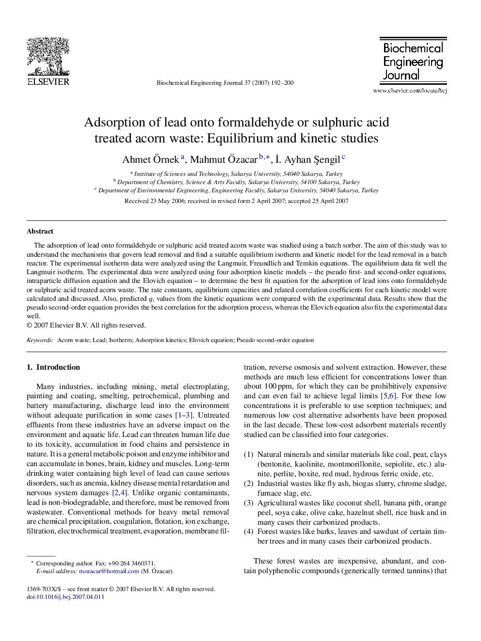 Adsorption of lead onto formaldehyde or sulphuric acid treated acorn waste: Equilibrium and kinetic studies