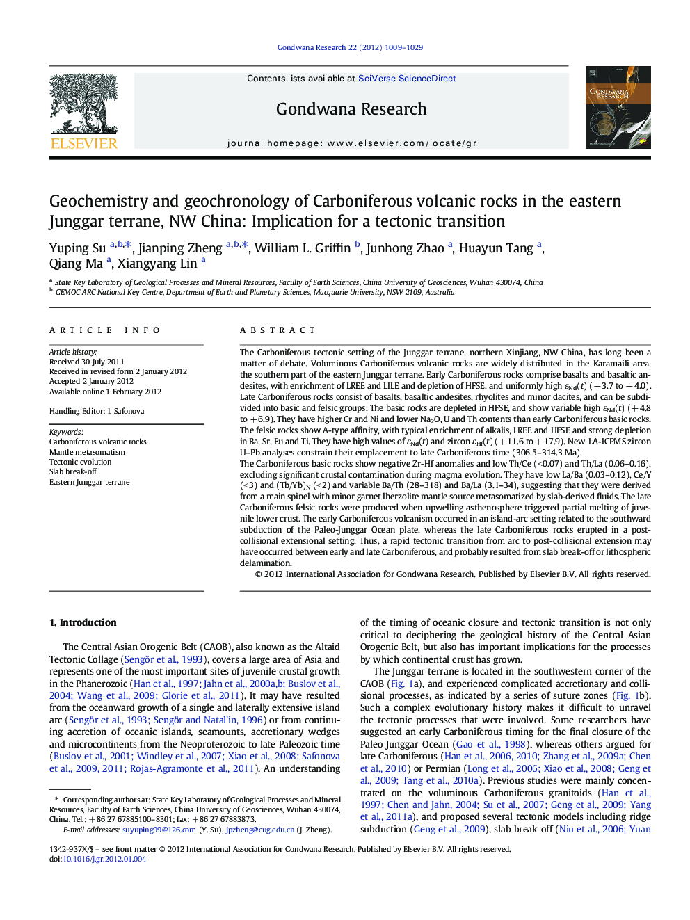 Geochemistry and geochronology of Carboniferous volcanic rocks in the eastern Junggar terrane, NW China: Implication for a tectonic transition