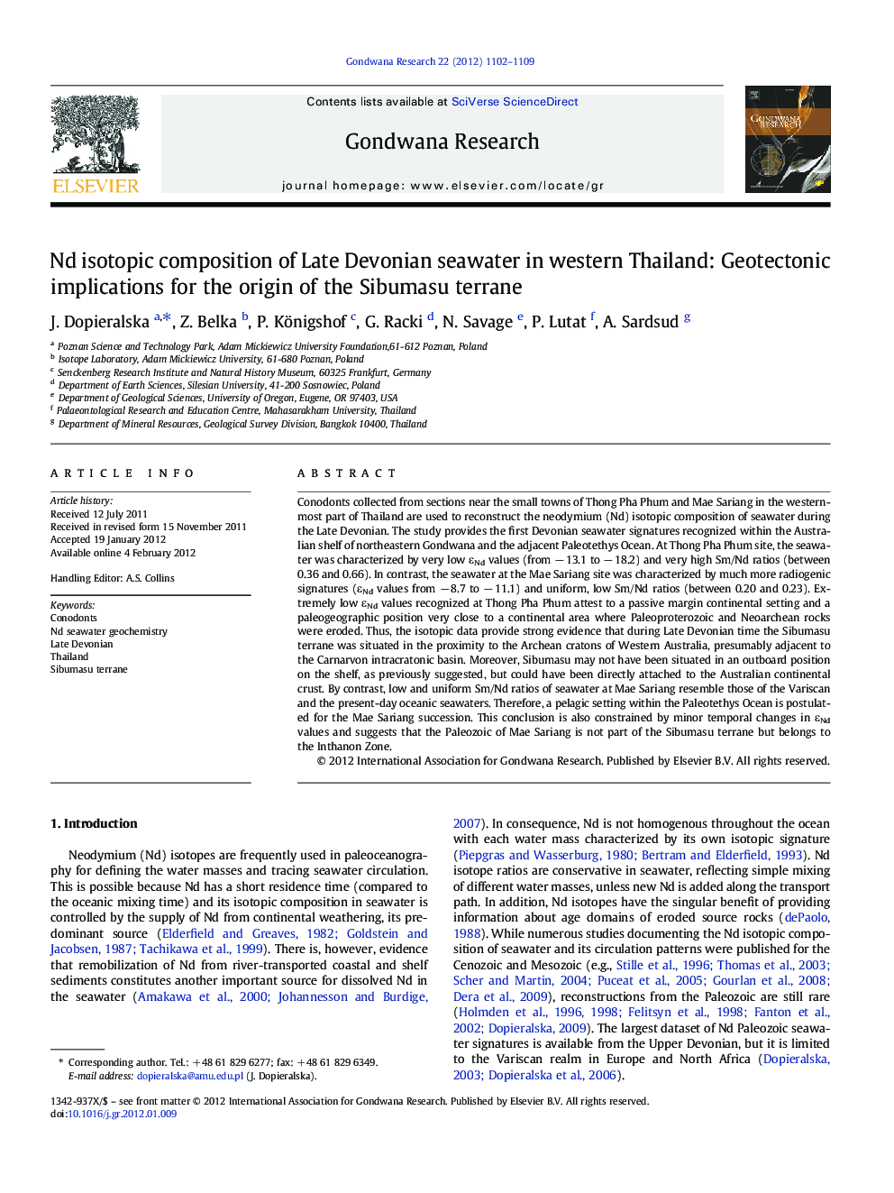 Nd isotopic composition of Late Devonian seawater in western Thailand: Geotectonic implications for the origin of the Sibumasu terrane