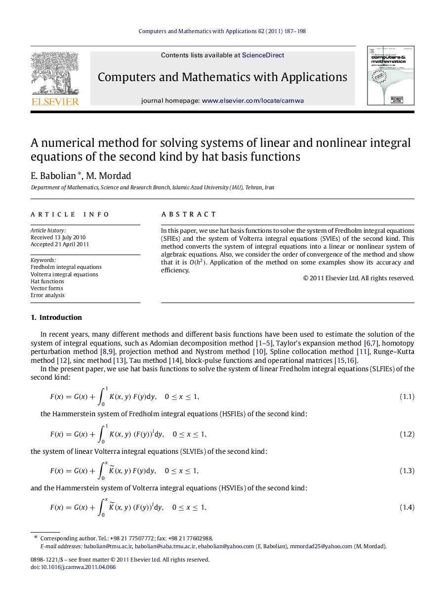 A numerical method for solving systems of linear and nonlinear integral equations of the second kind by hat basis functions