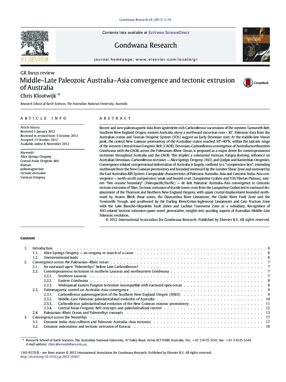 Middle–Late Paleozoic Australia–Asia convergence and tectonic extrusion of Australia