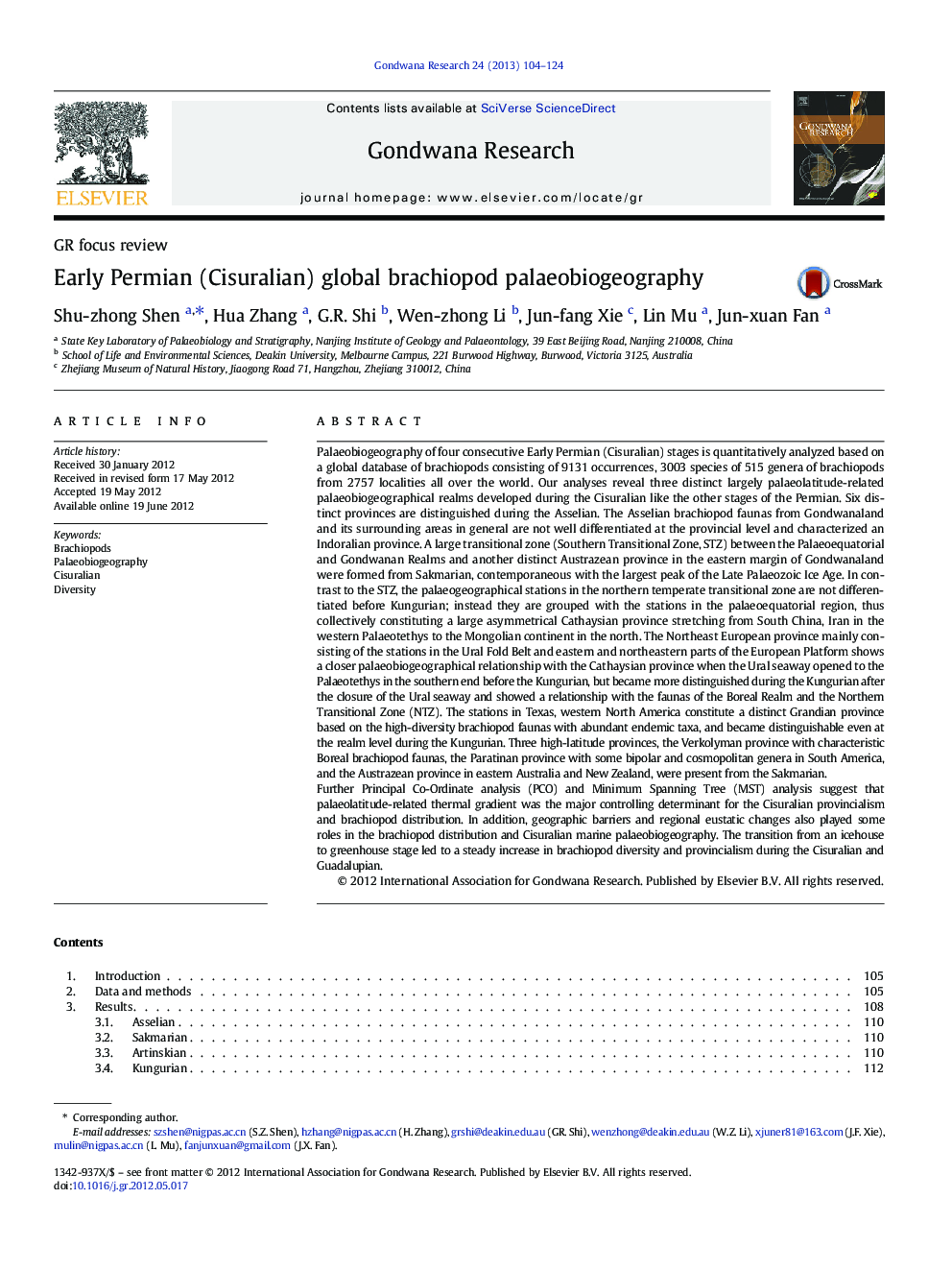 Early Permian (Cisuralian) global brachiopod palaeobiogeography