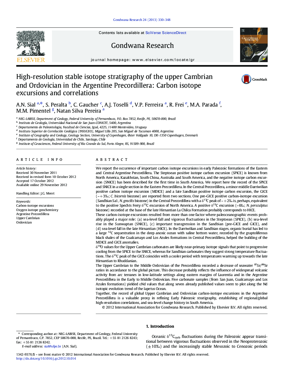 High-resolution stable isotope stratigraphy of the upper Cambrian and Ordovician in the Argentine Precordillera: Carbon isotope excursions and correlations