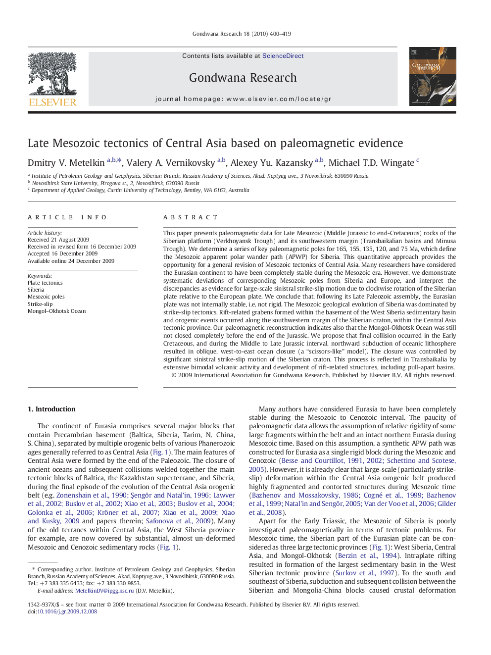 Late Mesozoic tectonics of Central Asia based on paleomagnetic evidence