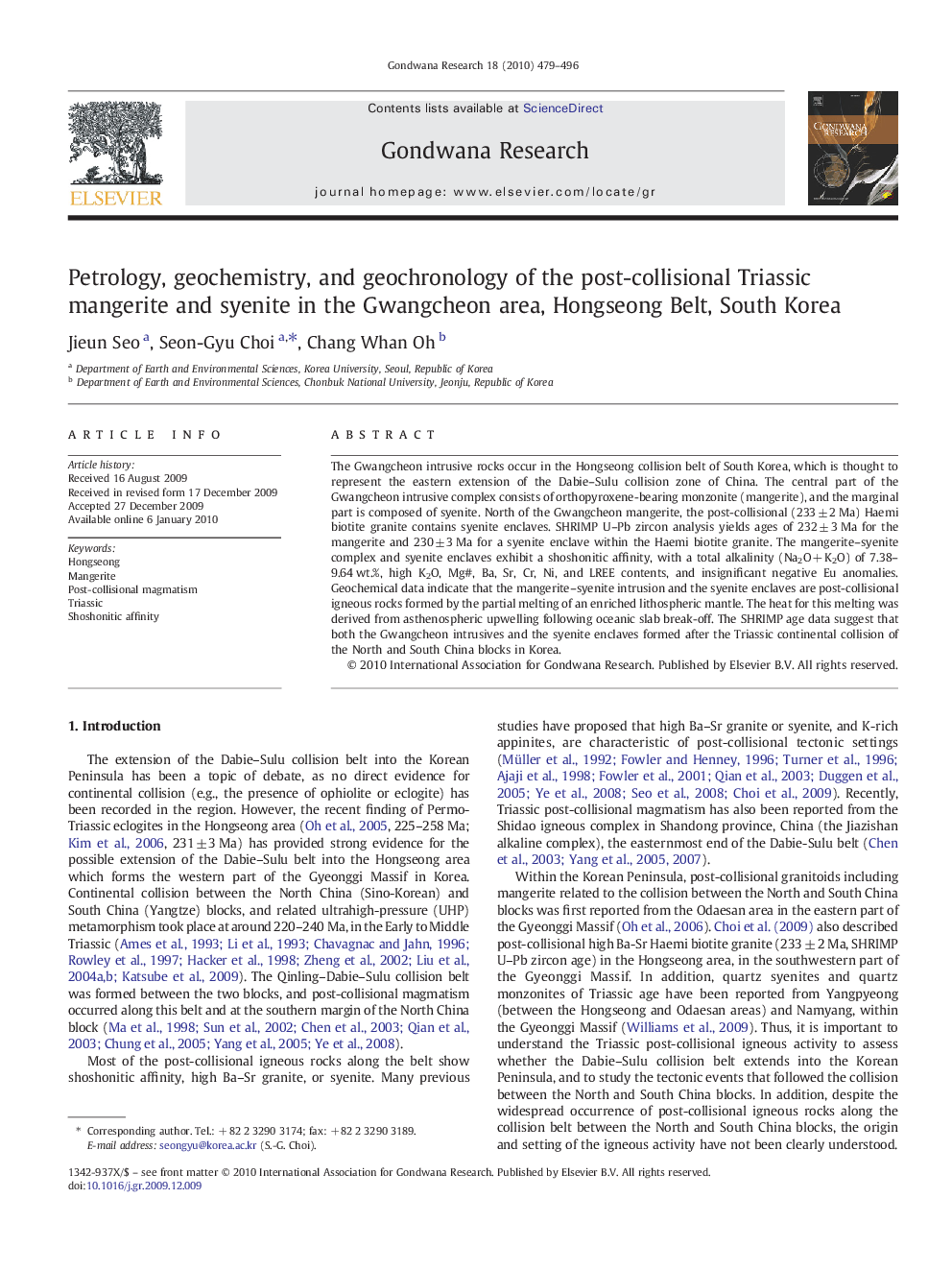 Petrology, geochemistry, and geochronology of the post-collisional Triassic mangerite and syenite in the Gwangcheon area, Hongseong Belt, South Korea