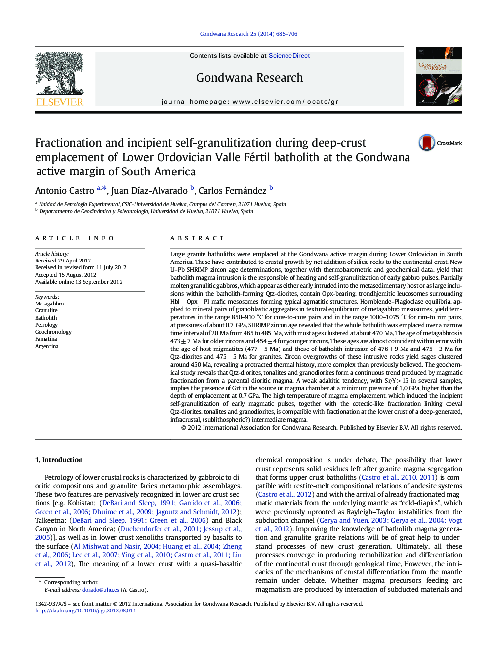 Fractionation and incipient self-granulitization during deep-crust emplacement of Lower Ordovician Valle Fértil batholith at the Gondwana active margin of South America