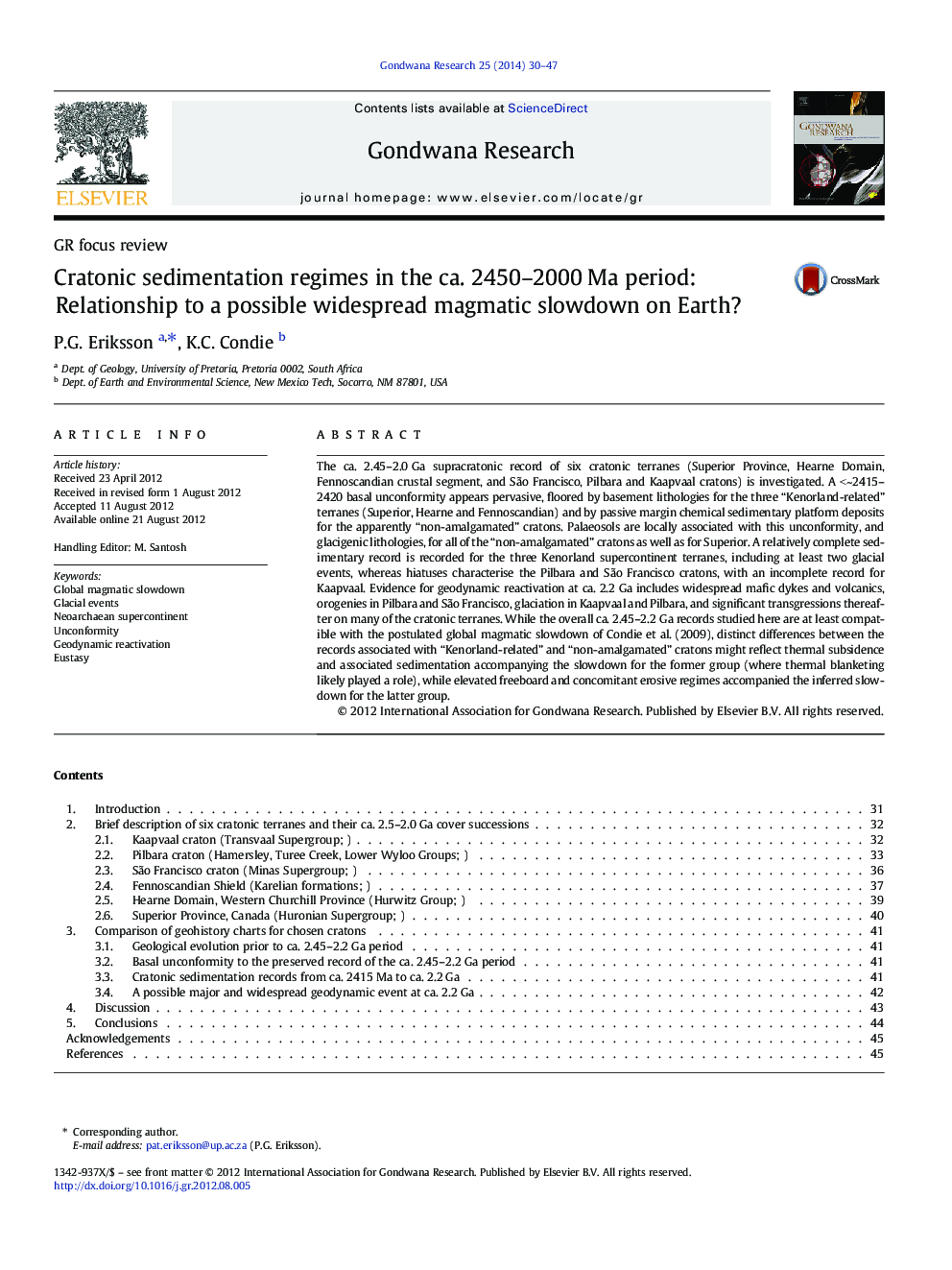 Cratonic sedimentation regimes in the ca. 2450–2000 Ma period: Relationship to a possible widespread magmatic slowdown on Earth?