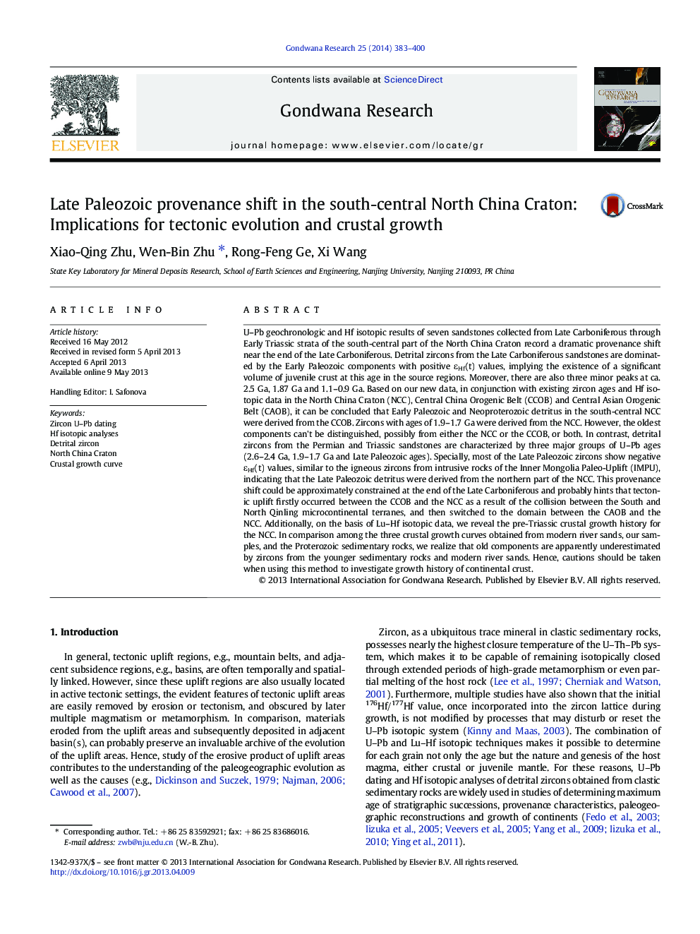 تغییرات اساسی پس از پالئوزوئیک در جنوب و مرکزی کرتون شمالی چین: پیامدهای تکامل تکتونیکی و رشد پوسته 