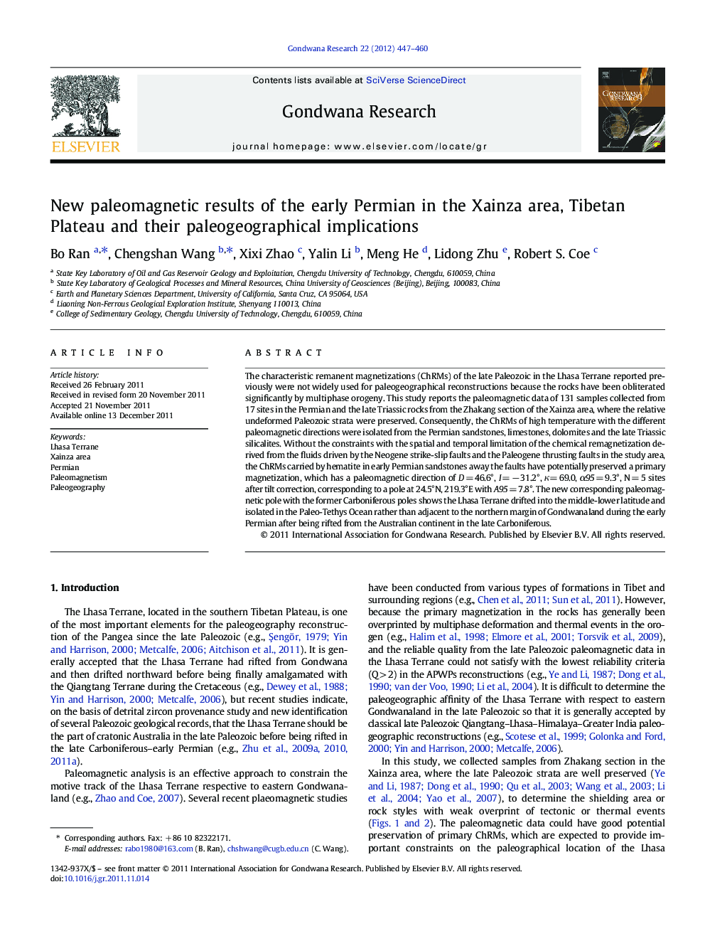 New paleomagnetic results of the early Permian in the Xainza area, Tibetan Plateau and their paleogeographical implications