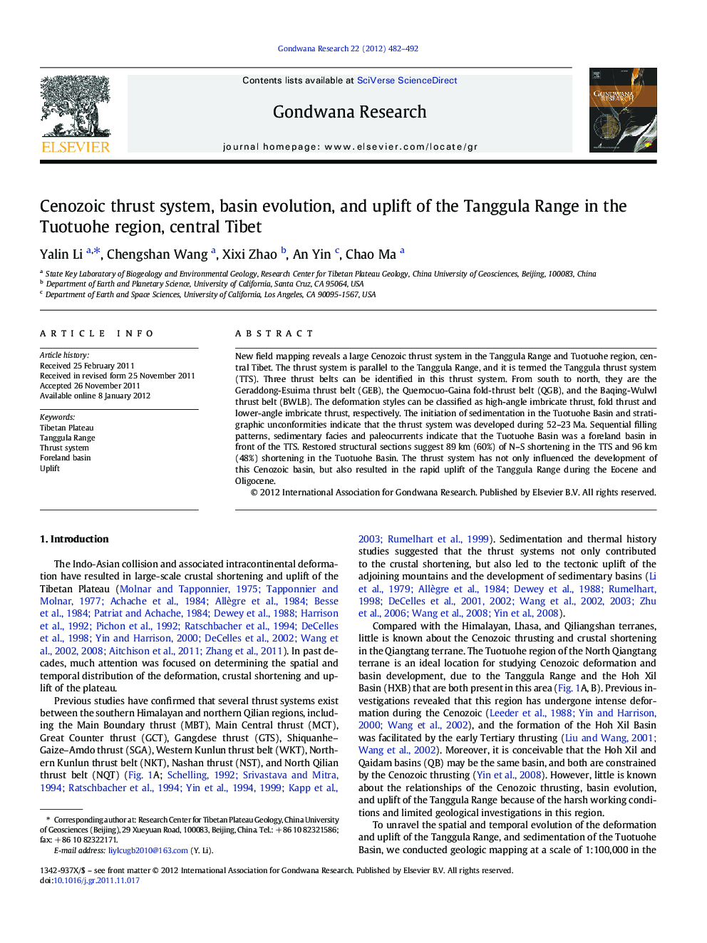 Cenozoic thrust system, basin evolution, and uplift of the Tanggula Range in the Tuotuohe region, central Tibet