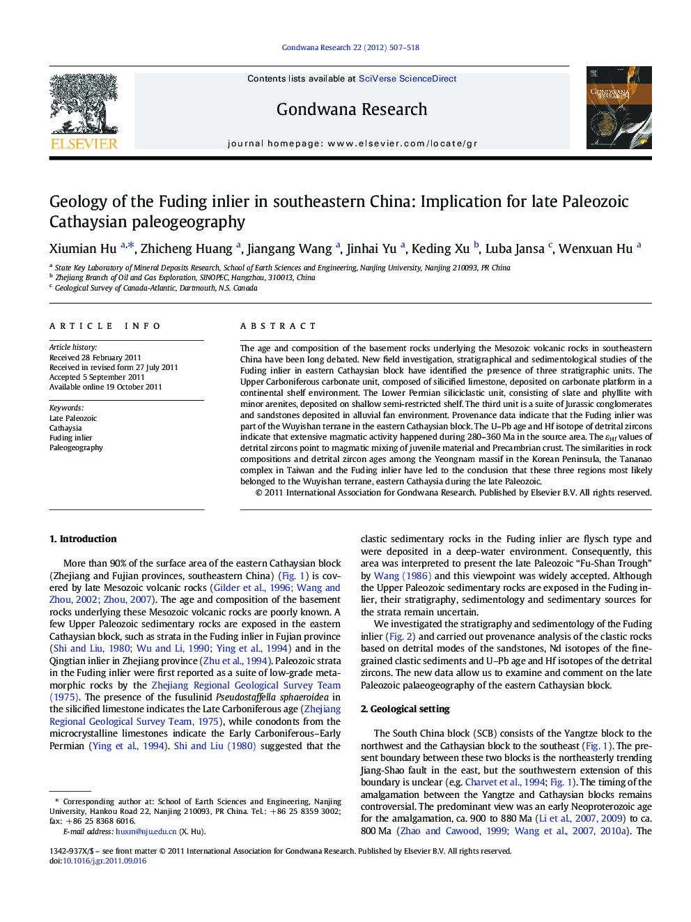 Geology of the Fuding inlier in southeastern China: Implication for late Paleozoic Cathaysian paleogeography