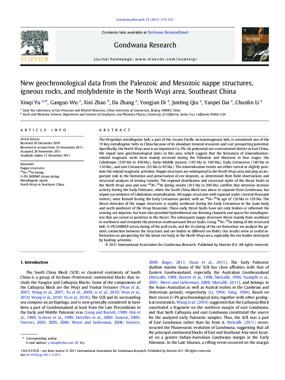 New geochronological data from the Paleozoic and Mesozoic nappe structures, igneous rocks, and molybdenite in the North Wuyi area, Southeast China