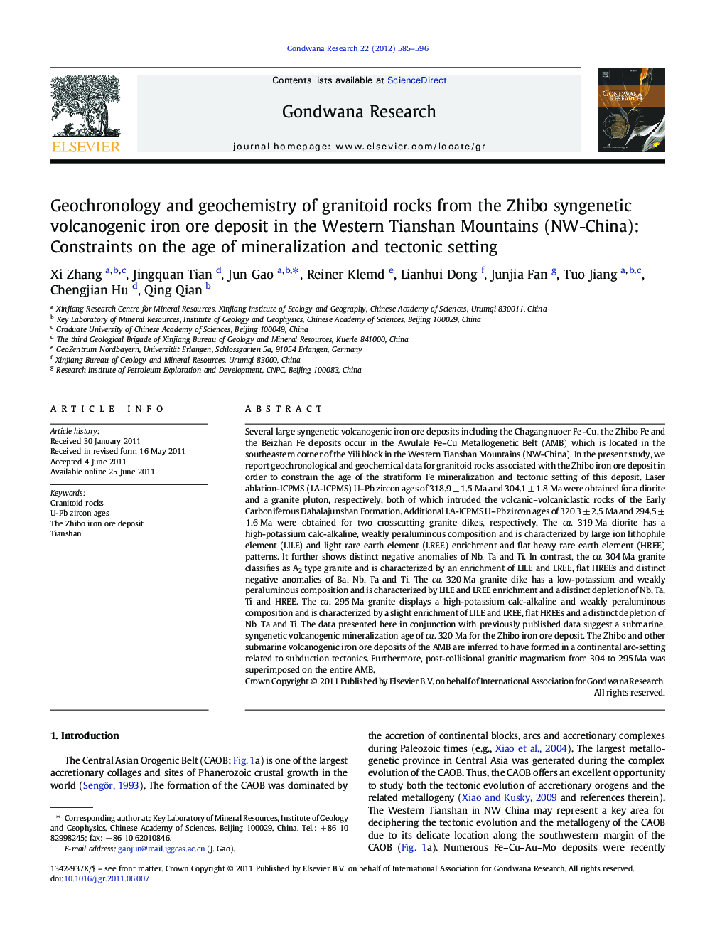 Geochronology and geochemistry of granitoid rocks from the Zhibo syngenetic volcanogenic iron ore deposit in the Western Tianshan Mountains (NW-China): Constraints on the age of mineralization and tectonic setting