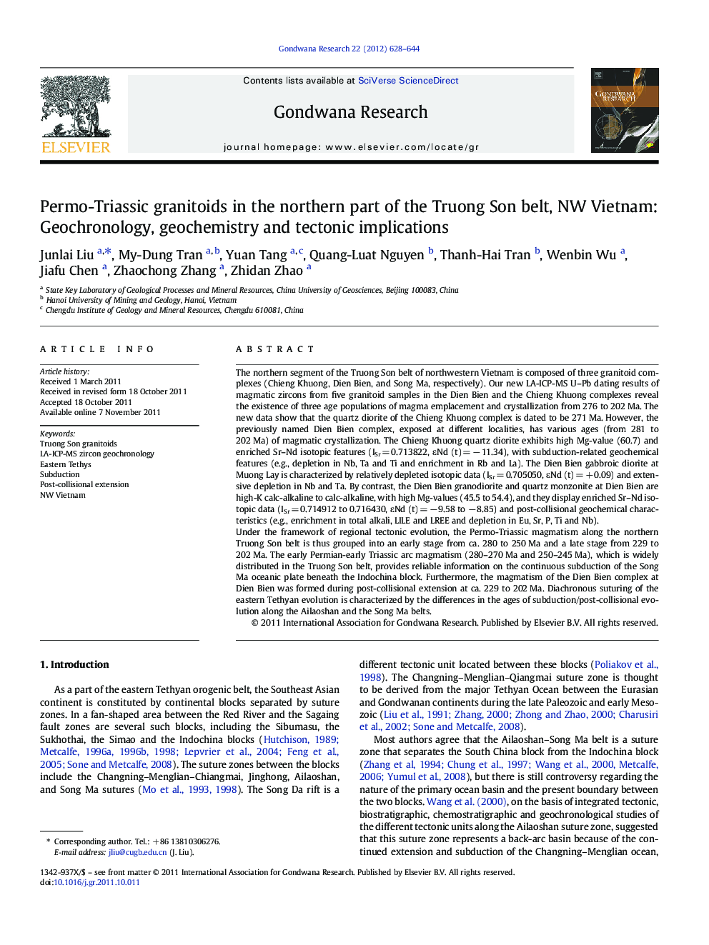 Permo-Triassic granitoids in the northern part of the Truong Son belt, NW Vietnam: Geochronology, geochemistry and tectonic implications