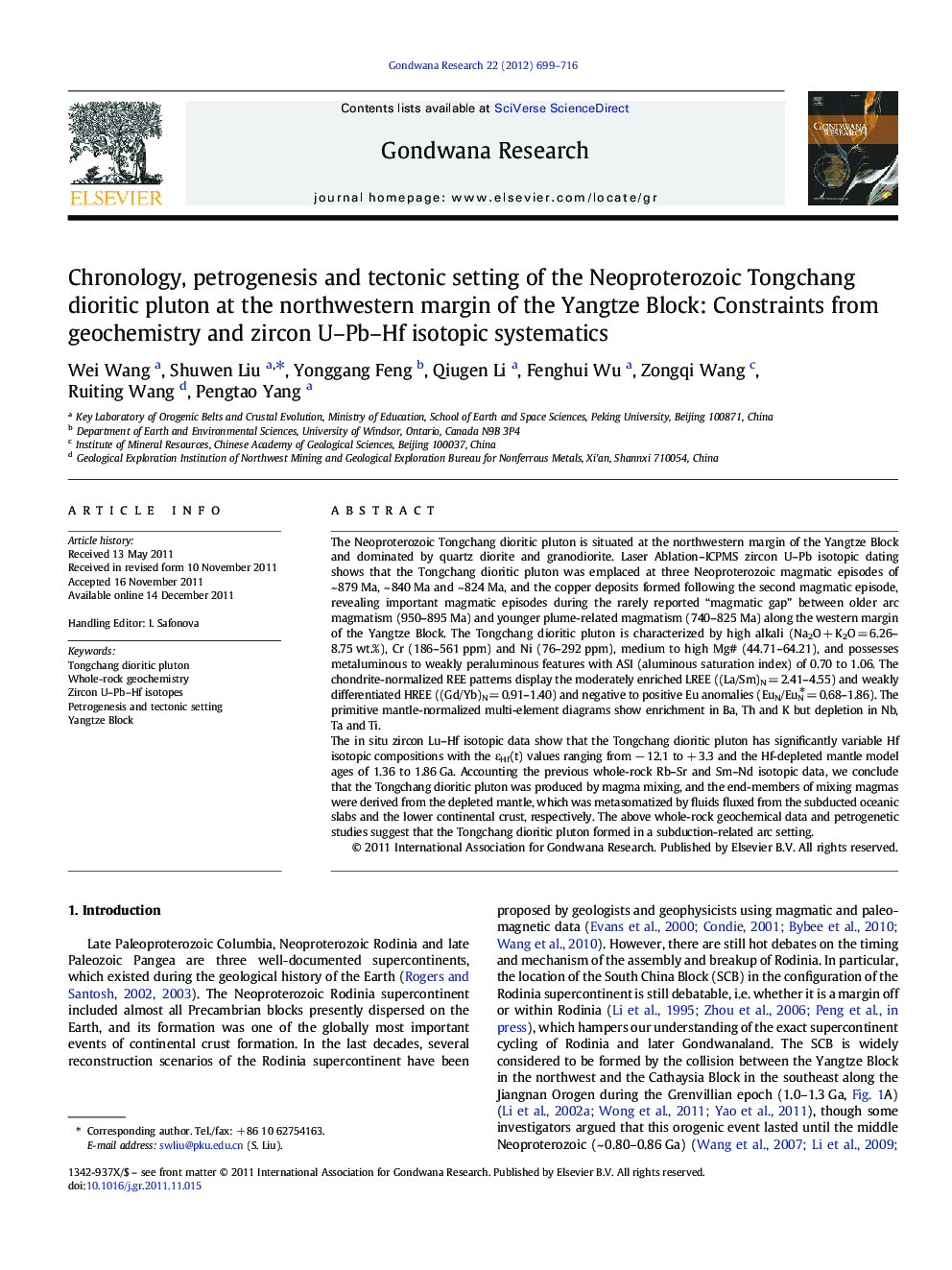 Chronology, petrogenesis and tectonic setting of the Neoproterozoic Tongchang dioritic pluton at the northwestern margin of the Yangtze Block: Constraints from geochemistry and zircon U–Pb–Hf isotopic systematics