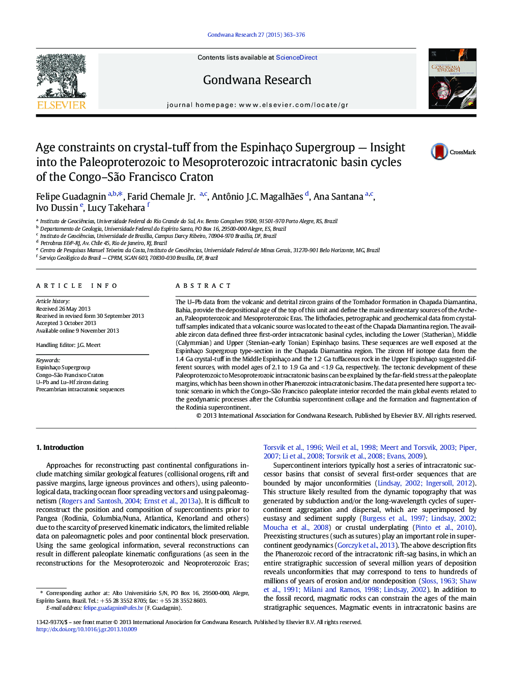 Age constraints on crystal-tuff from the Espinhaço Supergroup — Insight into the Paleoproterozoic to Mesoproterozoic intracratonic basin cycles of the Congo–São Francisco Craton