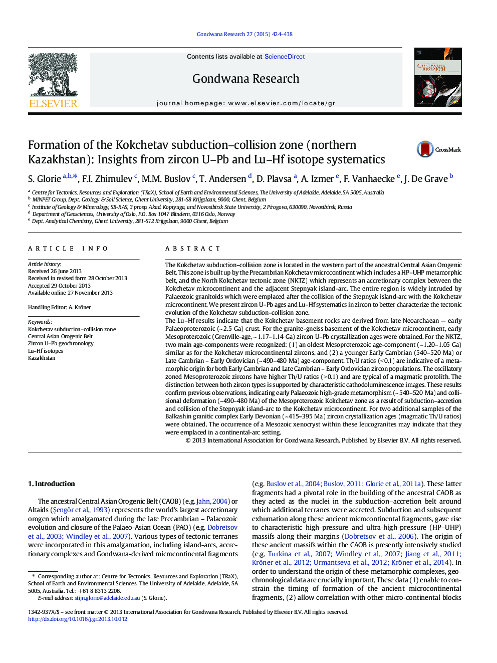 Formation of the Kokchetav subduction–collision zone (northern Kazakhstan): Insights from zircon U–Pb and Lu–Hf isotope systematics