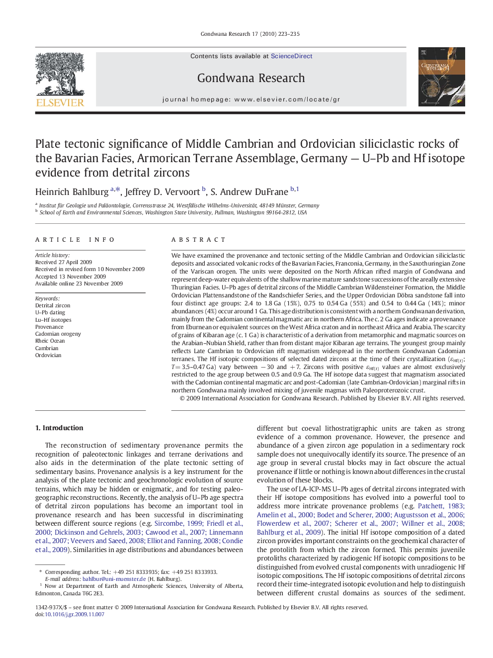 Plate tectonic significance of Middle Cambrian and Ordovician siliciclastic rocks of the Bavarian Facies, Armorican Terrane Assemblage, Germany — U–Pb and Hf isotope evidence from detrital zircons