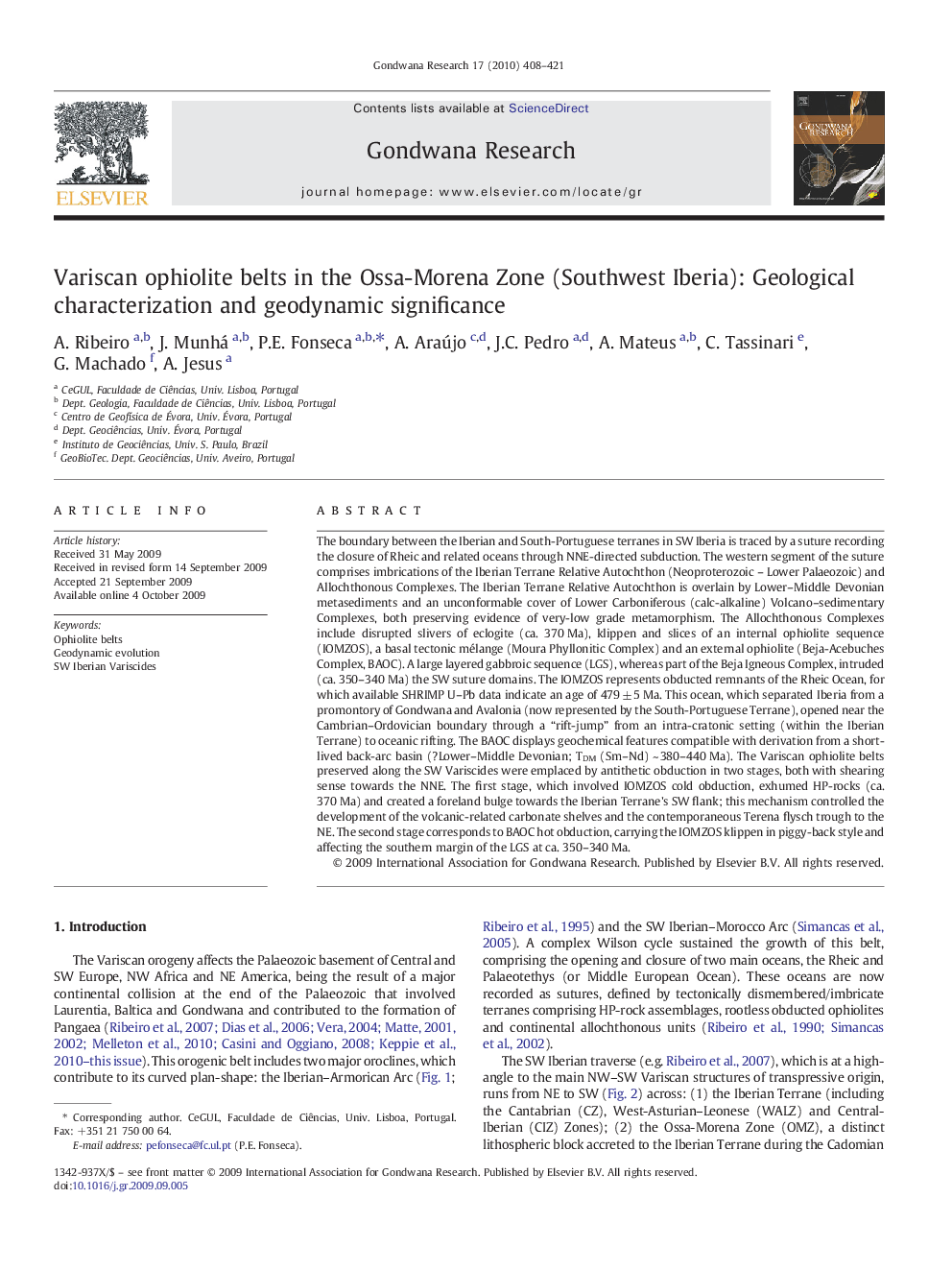 Variscan ophiolite belts in the Ossa-Morena Zone (Southwest Iberia): Geological characterization and geodynamic significance