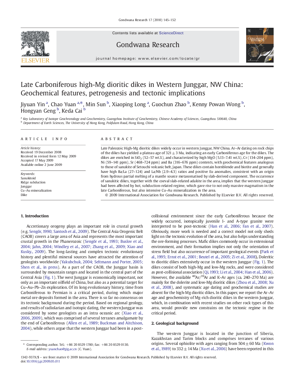 Late Carboniferous high-Mg dioritic dikes in Western Junggar, NW China: Geochemical features, petrogenesis and tectonic implications