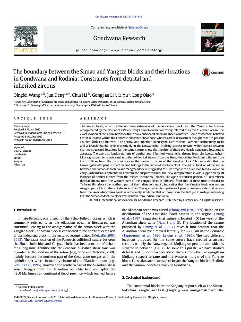 The boundary between the Simao and Yangtze blocks and their locations in Gondwana and Rodinia: Constraints from detrital and inherited zircons