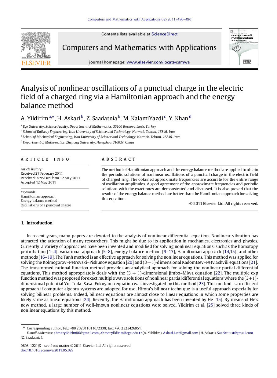 Analysis of nonlinear oscillations of a punctual charge in the electric field of a charged ring via a Hamiltonian approach and the energy balance method