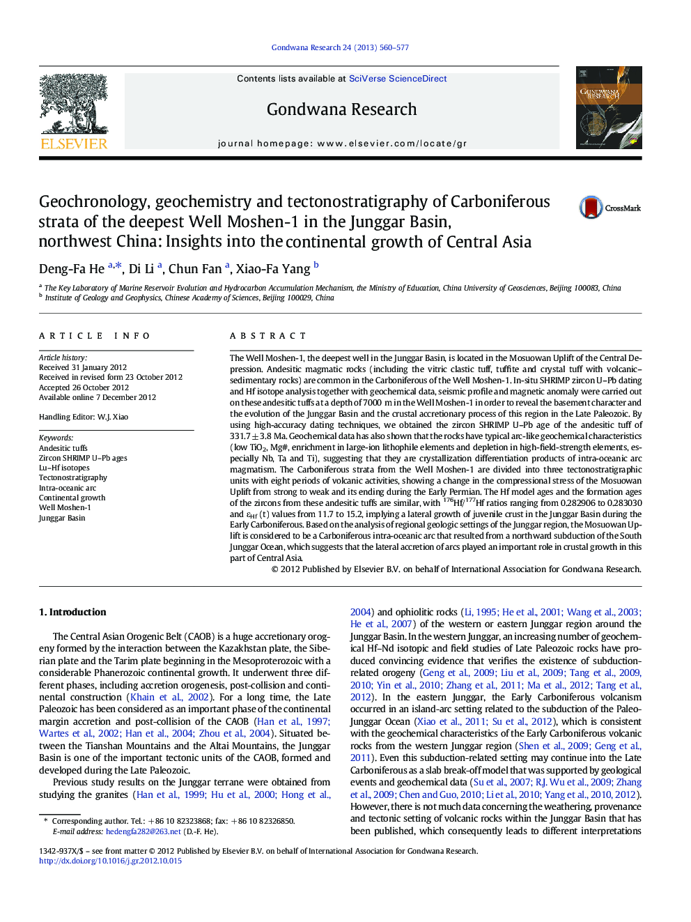 Geochronology, geochemistry and tectonostratigraphy of Carboniferous strata of the deepest Well Moshen-1 in the Junggar Basin, northwest China: Insights into the continental growth of Central Asia