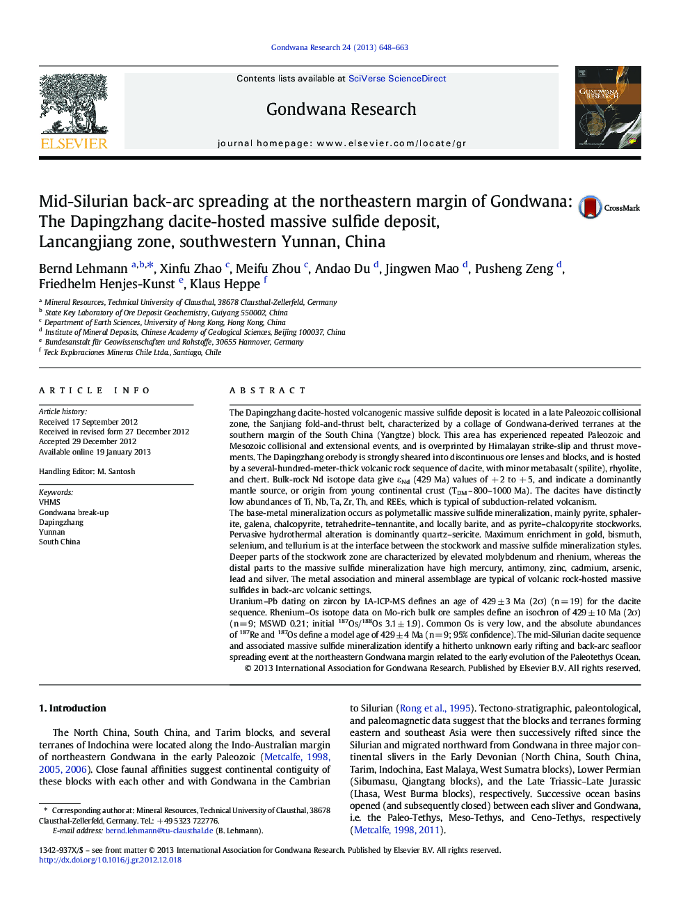 Mid-Silurian back-arc spreading at the northeastern margin of Gondwana: The Dapingzhang dacite-hosted massive sulfide deposit, Lancangjiang zone, southwestern Yunnan, China