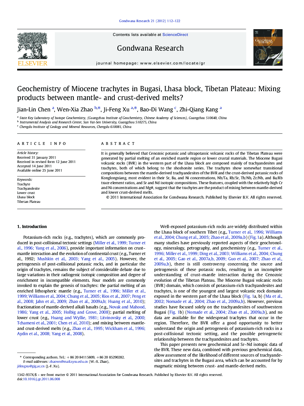 عکس صفحه اول مقاله: Geochemistry of Miocene trachytes in Bugasi, Lhasa block, Tibetan Plateau: Mixing products between mantle- and crust-derived melts? Geochemistry of Miocene trachytes in Bugasi, Lhasa block, Tibetan Plateau: Mixing products between mantle- and crust-derived melts?