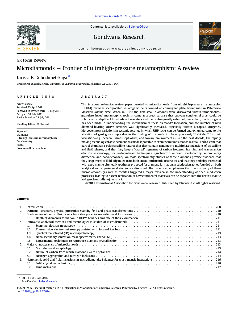 Microdiamonds — Frontier of ultrahigh-pressure metamorphism: A review