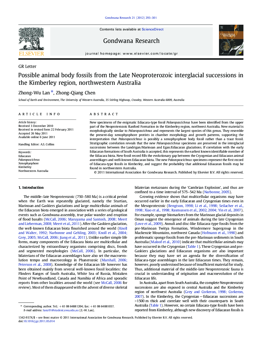 Possible animal body fossils from the Late Neoproterozoic interglacial successions in the Kimberley region, northwestern Australia