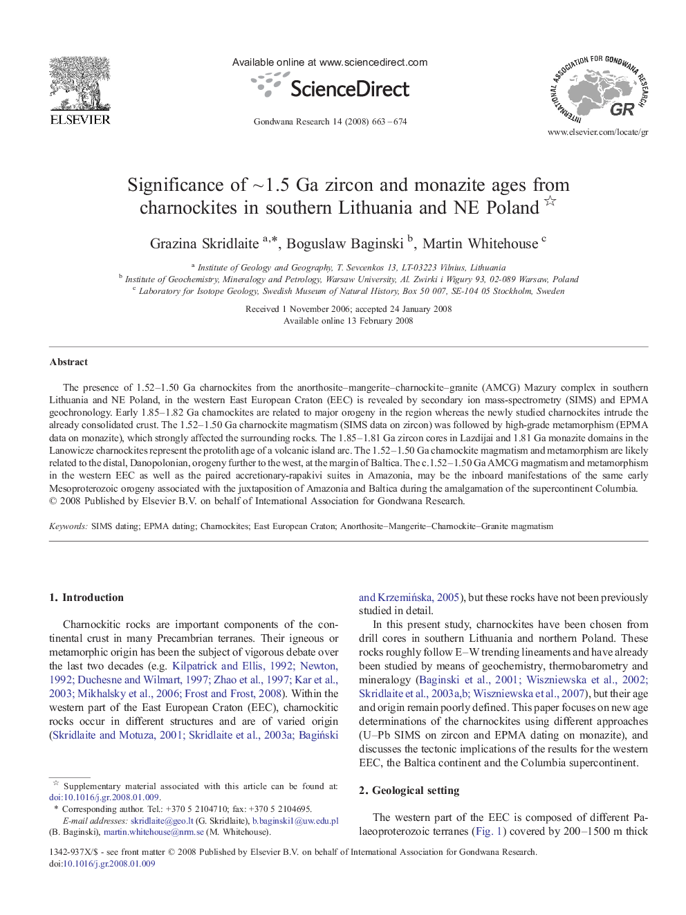 Significance of ~ 1.5 Ga zircon and monazite ages from charnockites in southern Lithuania and NE Poland 