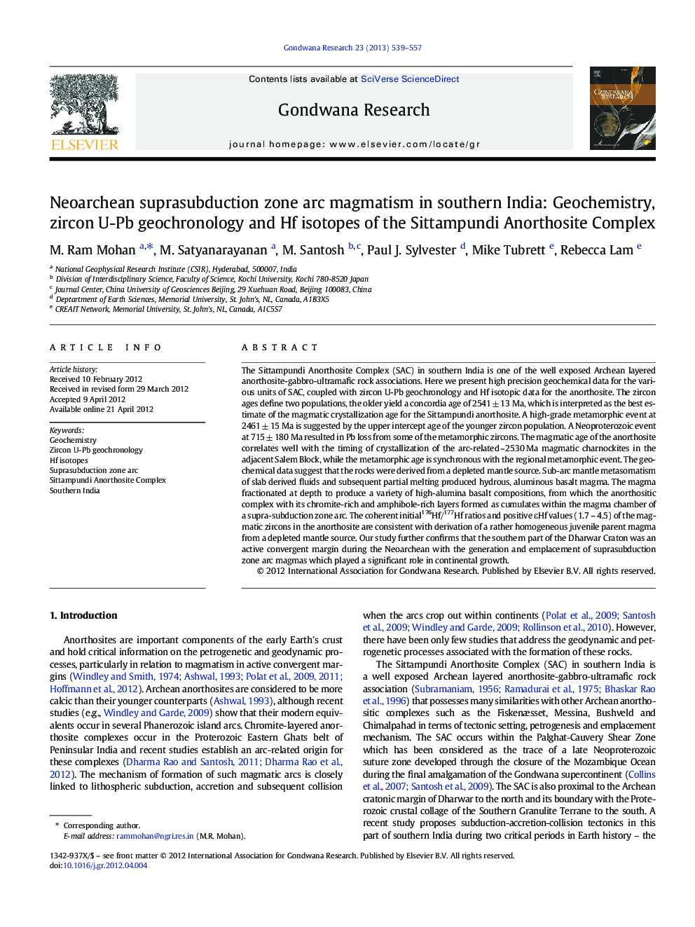 Neoarchean suprasubduction zone arc magmatism in southern India: Geochemistry, zircon U-Pb geochronology and Hf isotopes of the Sittampundi Anorthosite Complex