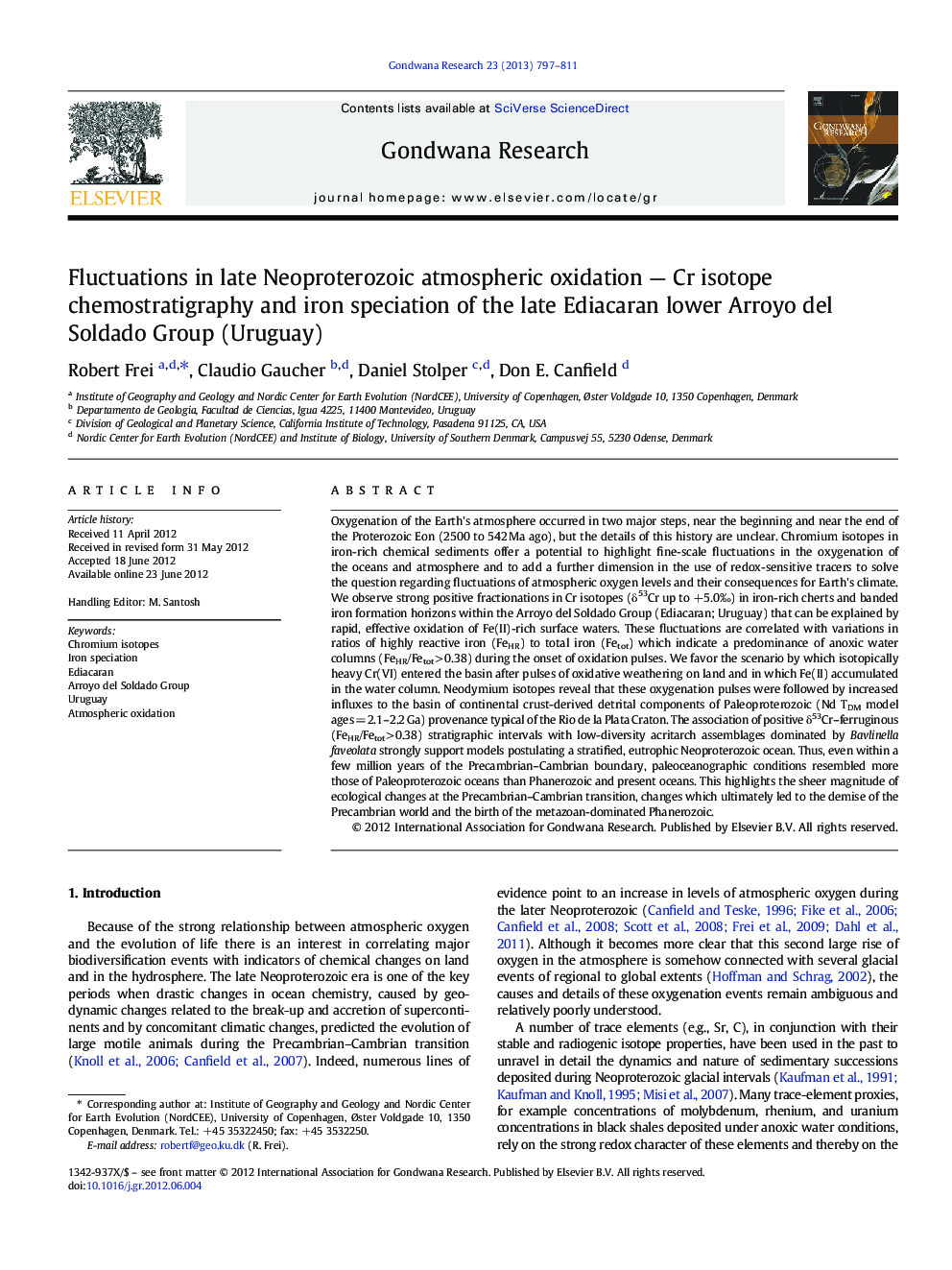 Fluctuations in late Neoproterozoic atmospheric oxidation — Cr isotope chemostratigraphy and iron speciation of the late Ediacaran lower Arroyo del Soldado Group (Uruguay)