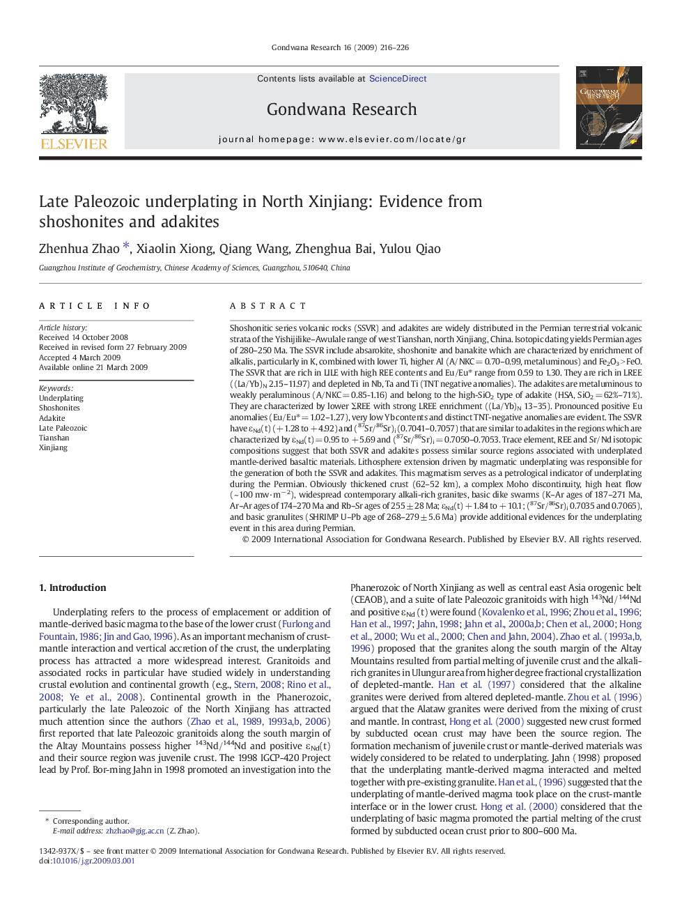 Late Paleozoic underplating in North Xinjiang: Evidence from shoshonites and adakites