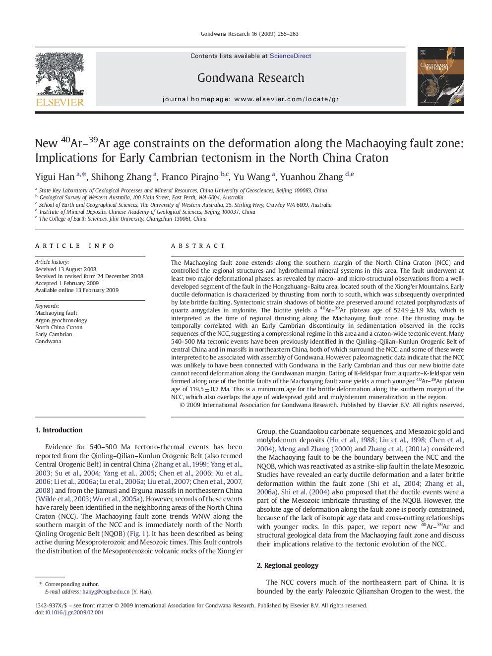 New 40Ar–39Ar age constraints on the deformation along the Machaoying fault zone: Implications for Early Cambrian tectonism in the North China Craton