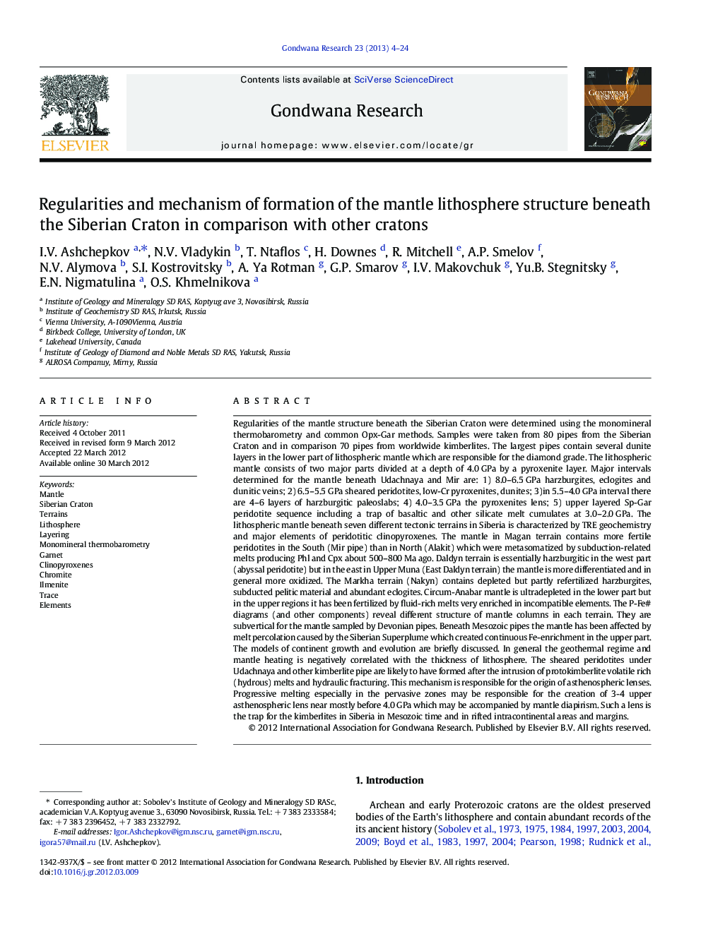 Regularities and mechanism of formation of the mantle lithosphere structure beneath the Siberian Craton in comparison with other cratons