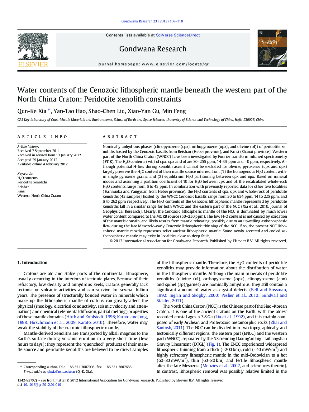 Water contents of the Cenozoic lithospheric mantle beneath the western part of the North China Craton: Peridotite xenolith constraints