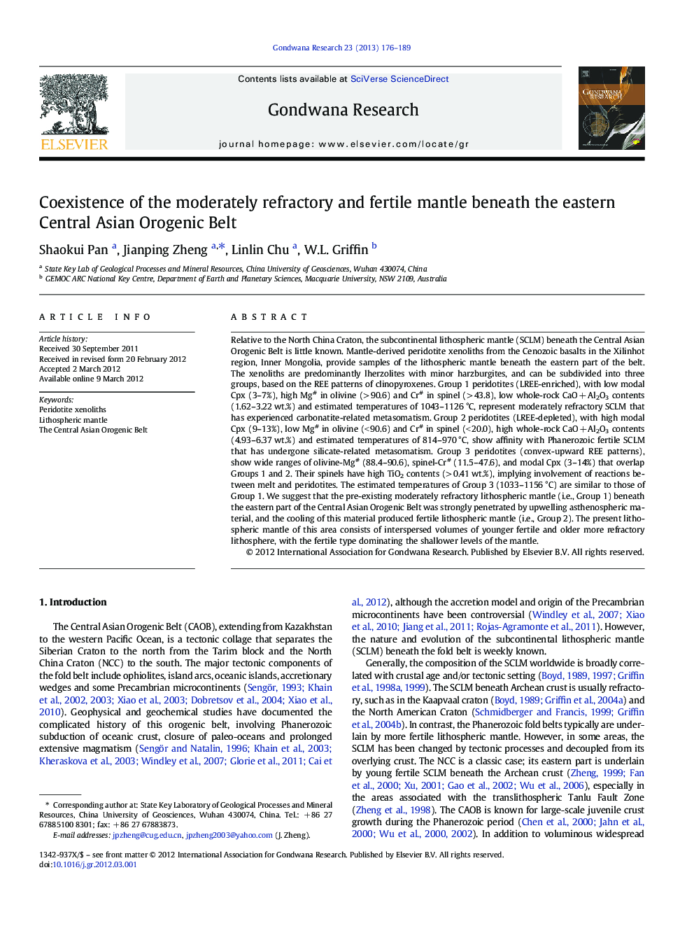 Coexistence of the moderately refractory and fertile mantle beneath the eastern Central Asian Orogenic Belt