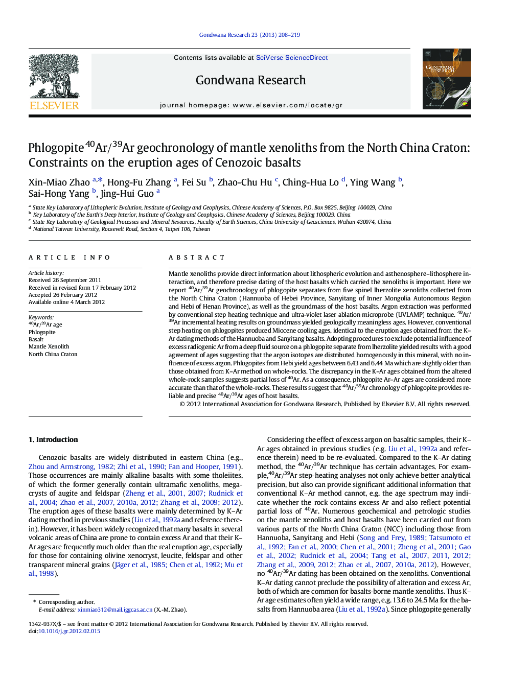 Phlogopite40Ar/39Ar geochronology of mantle xenoliths from the North China Craton: Constraints on the eruption ages of Cenozoic basalts