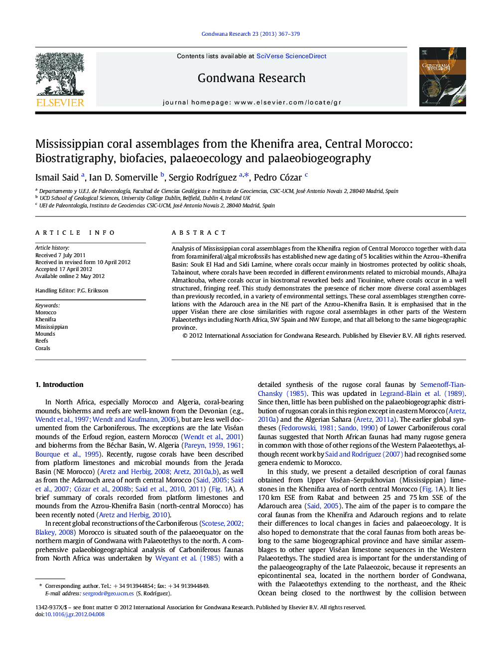 Mississippian coral assemblages from the Khenifra area, Central Morocco: Biostratigraphy, biofacies, palaeoecology and palaeobiogeography