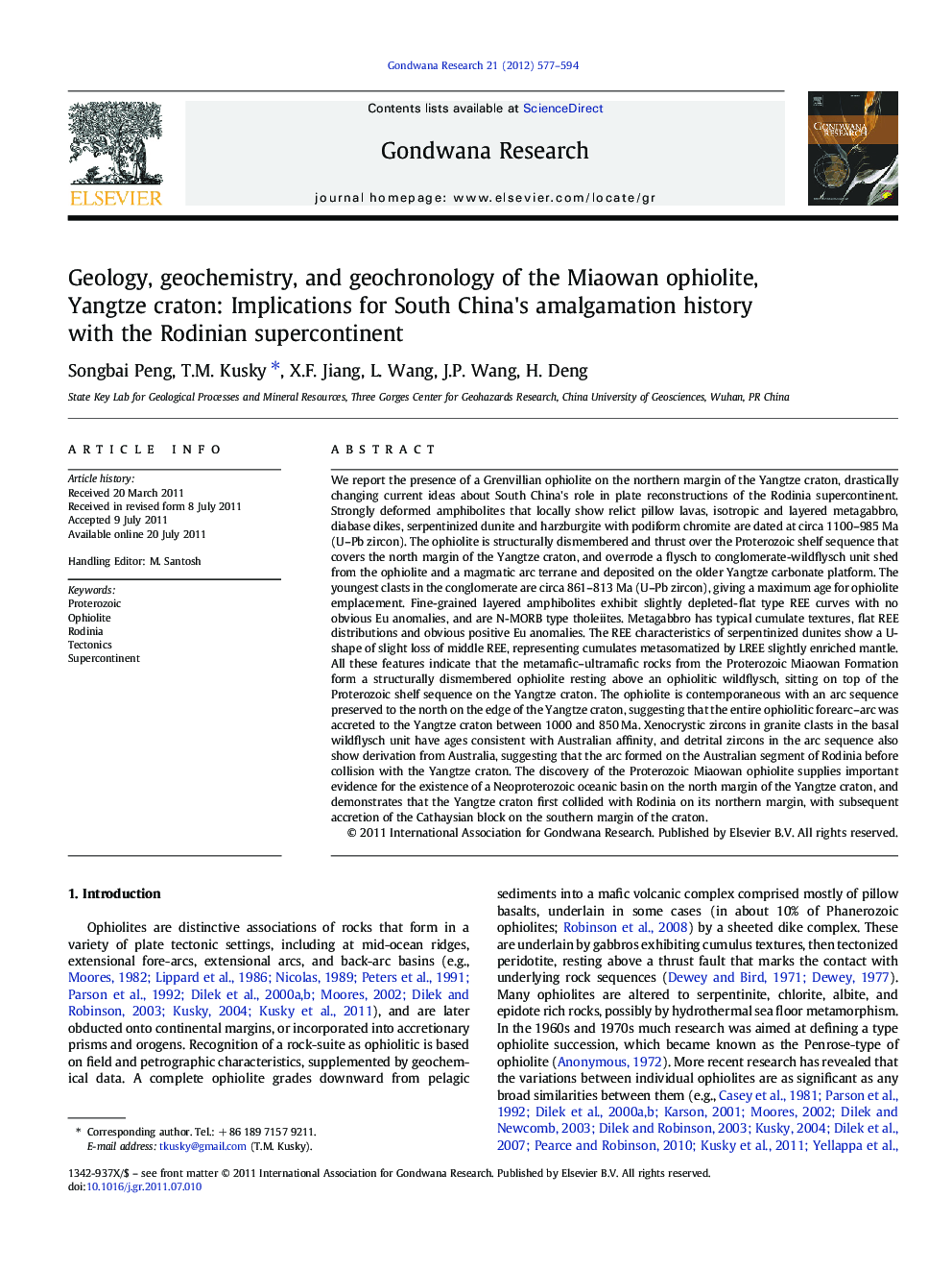 Geology, geochemistry, and geochronology of the Miaowan ophiolite, Yangtze craton: Implications for South China's amalgamation history with the Rodinian supercontinent