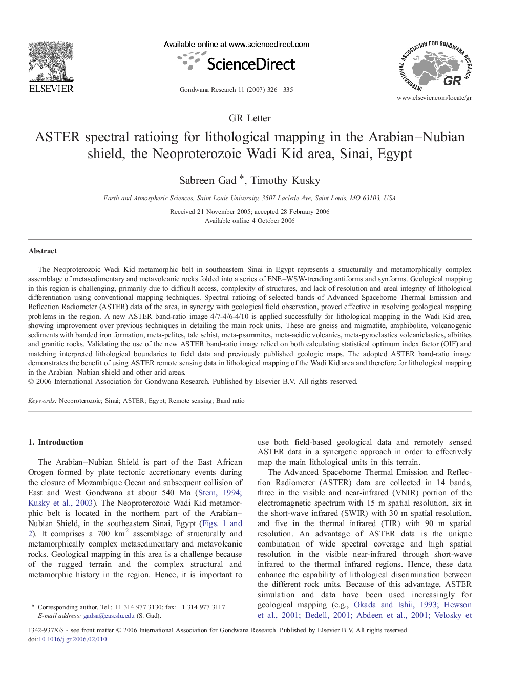 ASTER spectral ratioing for lithological mapping in the Arabian–Nubian shield, the Neoproterozoic Wadi Kid area, Sinai, Egypt